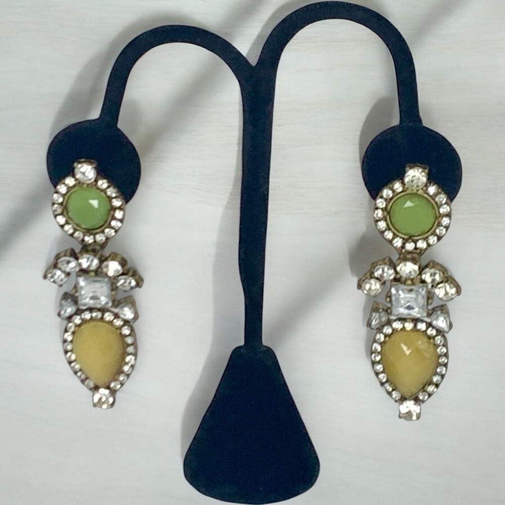 Vintage Gold Tone, Rhinestone, Green, & Tan Stud Dangle Earrings - Picture 2 of 5